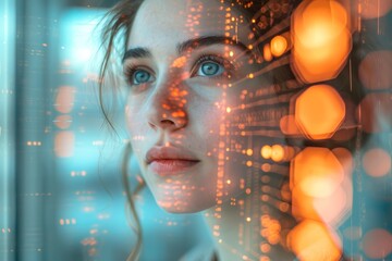 Close-up of a woman, overlaid with abstract, warm bokeh lights