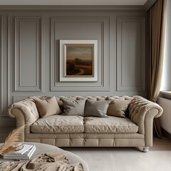 Elegant living room with classic sofa and art frame. neutral toned interior design. perfect for home decor inspiration. AI