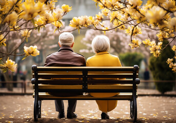 Senior couple sitting on garden bench in spring time. Tenderness and complicity. Flowery park. AI generated - obrazy, fototapety, plakaty