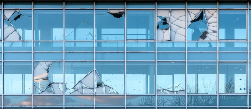 Damaged windows of a contemporary workplace structure