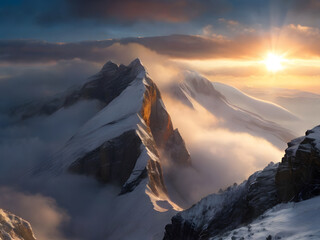 Sunset View of Mountain epic shot of the sun hitting the cliff with fog and snow covering sections