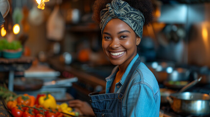 African girl cook with lovely smile cooking in professional kitchen - obrazy, fototapety, plakaty