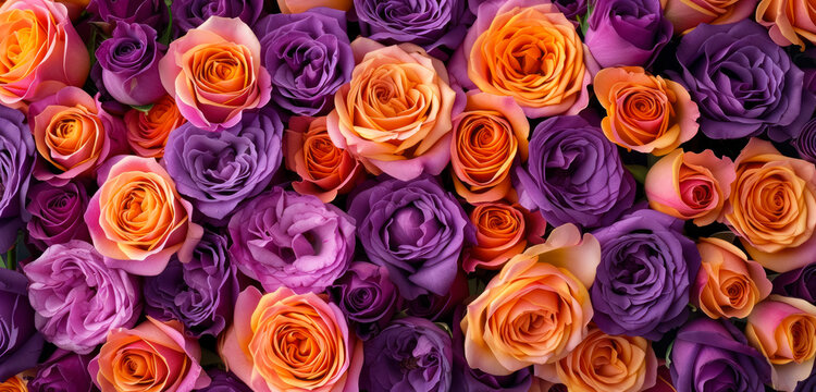 lush bouquet of violet and orange roses in full bloom