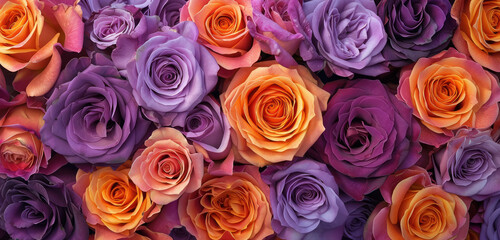 Fototapeta premium vibrant array of purple and orange roses close-up