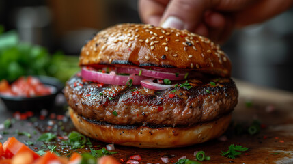 A juicy burger prepared by a professional chef