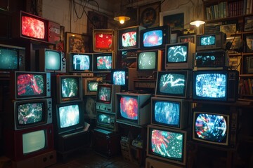 Collection of vintage televisions showing vibrant static in a retro room
