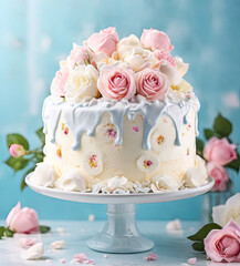 Beautiful sweet cake decorated with creamy flowers.