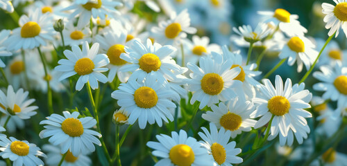 serene field of white daisies under blue sky with soft focus