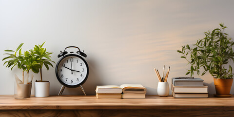 wooden desktop with alarm clock and notepad in a white room, in the style of minimalist backgrounds
