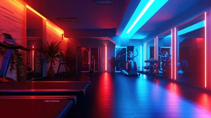 Crédence de cuisine en verre imprimé Fitness empty fitness room for sports with treadmills, dumbbells, red and blue neon lights