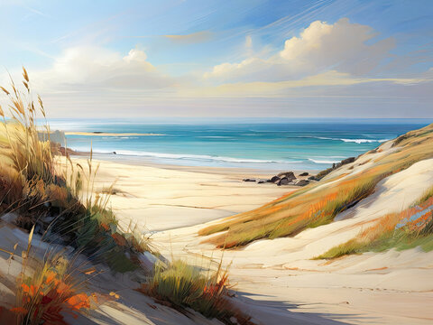 The oil painting of the sea coast. Coastal art. Scenic nature view with dunes.