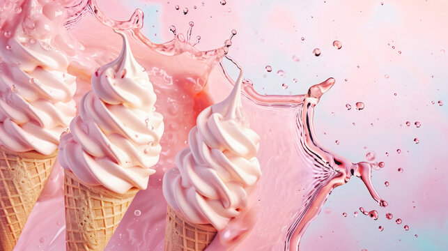 peach ice cream in waffle cones, with twisted peaks, pink splashes in the movement of syrup