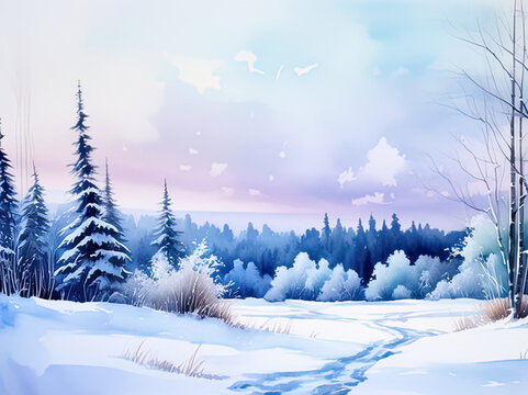 Scenic winter nature view painting. Landscape art.