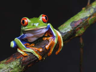 A red-eyed tree frog gracefully leaps off a branch with a dark background