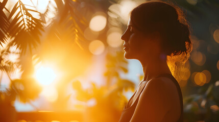Woman in meditation with sunlight and bokeh, creating a spiritual atmosphere