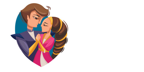 A cute cupid takes aim at a couple in love. Cartoon characters