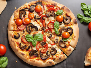 Vegetables, mushrooms and tomatoes pizza Generative Ai