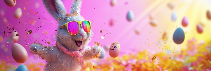 cute Easter bunny character with holographic sunglasses dancing, Easter eggs flying around, very bold colors