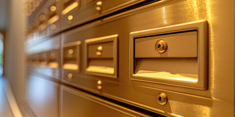 Modern Mailboxes in Apartment Building Foyer. A row of mailboxes in a residential building, nobody.