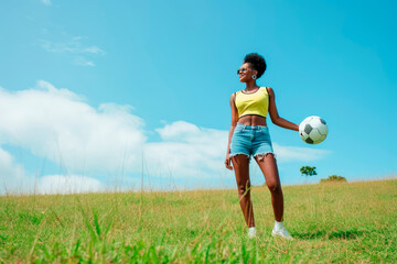 Naklejka premium A Happy Young Woman in Yellow and Blue Stands Against a Luminous Green Background - A Radiant Composition of Colors Evoking the Vibrancy of Brazil, Australia and More countries. Ample Copy Space