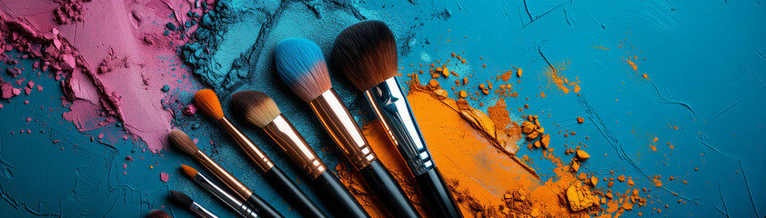 Makeup brushes on multicolored abstract background. Beauty and cosmetics concept. Flat lay composition of cosmetic brushes for an online beauty store, or  makeup tutorial video thumbnail. - obrazy, fototapety, plakaty