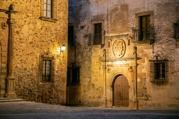 Corner of the Plaza de Santa María with the Ovando house and the Epicopal Palace, in Cáceres, Extremadura, Spain, a city declared a world heritage site by UNESCO © AntonioLopez