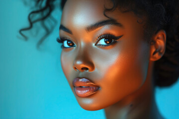 Young beauty stylish African American woman on blue background, portrait of black fashion girl with beautiful makeup and hairstyle, bright lipstick and eye shadow