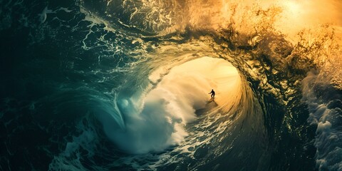 Sunset surfing in majestic ocean wave. adventure and nature. a surfer's dream scene with golden light. AI