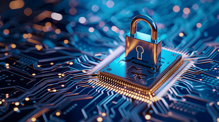 Image of a metallic padlock on a blue circuit board, symbolizing cybersecurity