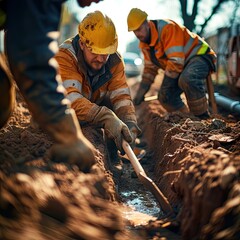 photo of digging a trench for pipes three workers in road uniforms in helmets with shovels
