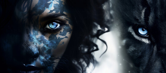 Double exposure of woman and black leopard. Wild strong cat. Banner