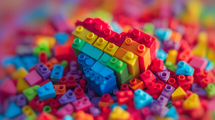 Colorful heart-shaped structure made of building blocks on a vibrant background