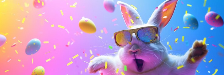 cute Easter bunny with holographic sunglasses dancing, Easter eggs flying around, very bold colors