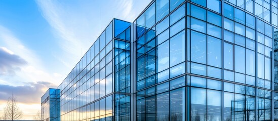 The outside of a contemporary office structure featuring numerous glass panes.