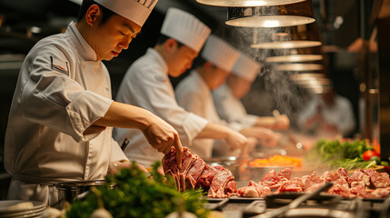 A group of chefs from China cook national dishes in a professional kitchen