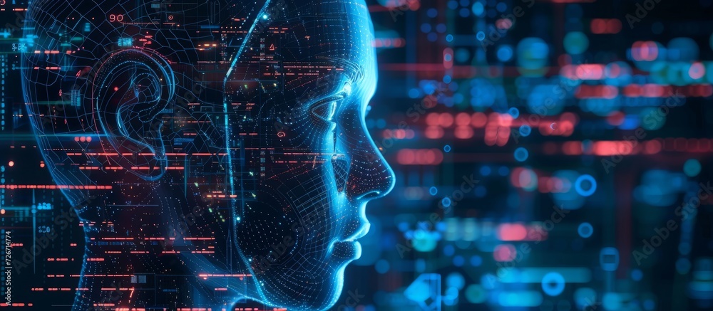 Poster image depicting the concept of natural language processing using text and symbols.