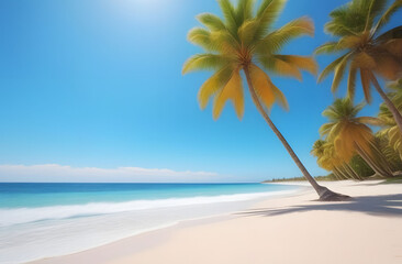Fototapeta na wymiar Palm trees on a tropical sandy beach. Untouched white sand, azure sea, blue sky. Beach, relaxation. Travel to warm countries