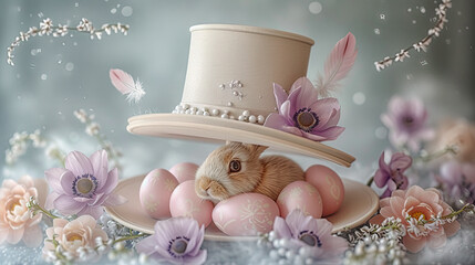 White hat decorated of easter eggs, bunny and flowers.