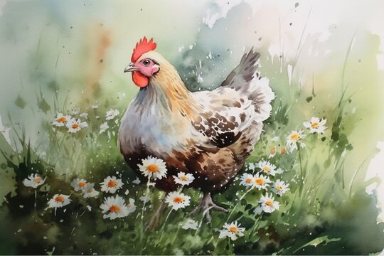 chicken in a flower meadow, watercolor