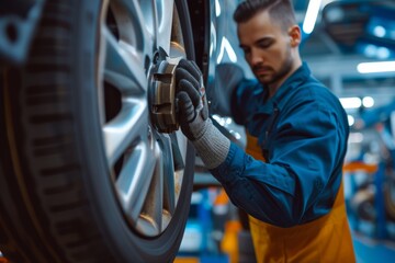 Expert Mechanic Performing Wheel Maintenance In A Well-Aligned Auto Shop: Perfectly Symmetrical Photograph With Centered Composition And Ample Copy Space