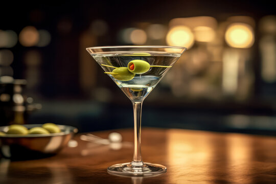Indulge in elegance with a classic Vodka Martini Gin cocktail served in a unique glass, garnished with plump olives. A sophisticated image for cocktail enthusiasts.