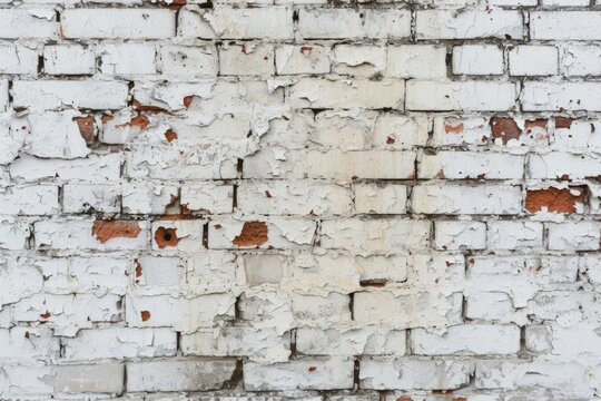 Perfectly Symmetrical, Centered Photo Of An Aged White Brick Wall With Distressed And Weathered Texture, Offering Ample Copy Space