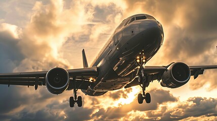 Commercial Airplane Landing Against Dramatic Sunset Sky, Detailed View of Aircraft’s Fuselage and Wings