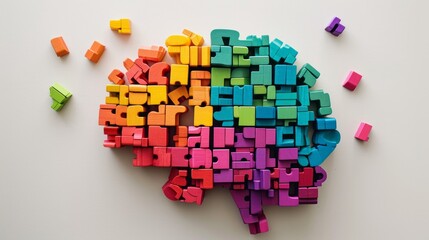 Colorful wooden geometric puzzle brain model. Neurodiversity concept. - obrazy, fototapety, plakaty