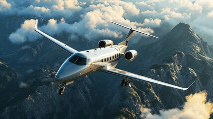 Fototapeta premium Luxury Private Jet Flying Over Snowy Mountains and Cloudy Sky - Aerial View of Modern Airplane in Flight