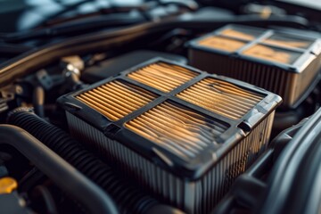 Comparing New And Worn Car Air Filters Placed On Car Chassis