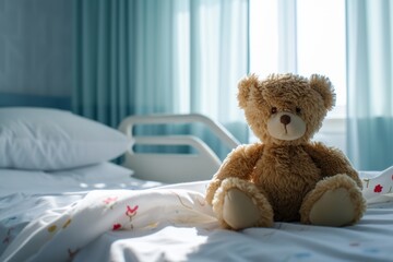 Cuddly Teddybear Toy Brightens Hospital Room, Reflecting Care And Childhood Innocence