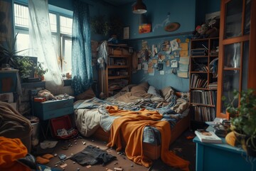 Disorderly Bedroom With Scattered Items, Portraying Sense Of Chaos And Disarray