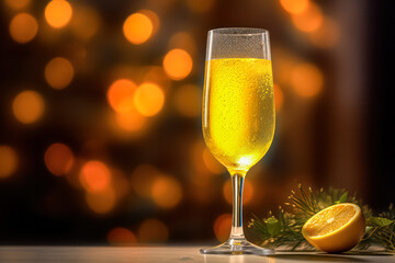Sip into elegance with a Mimosa cocktail, a blend of orange juice and sparkling wine. Garnished with lavender leaves and orange slices in a highball glass.