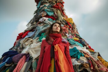 Obraz premium Symbolic Fashionably Dressed Woman On Towering Pile Of Textiles Signifies Global Sustainability Efforts: Captivating, Perfect Symmetrical Photo With Ample Copy Space